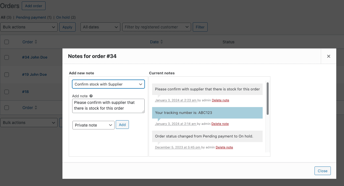 Enhanced Order Notes - Viewing and managing notes from the order list screen